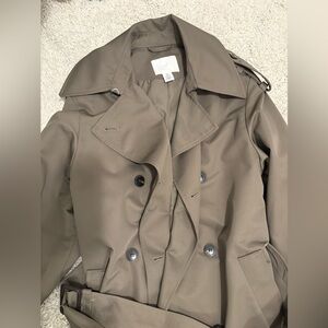 H&M long trench coat belted in Khaki color